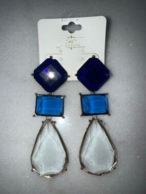 Elegant Blue Triple-Gem Drop Earrings - Women Accessories
